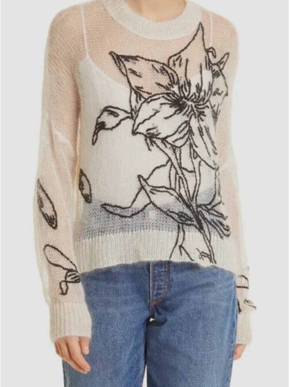 rag & bone Cream Crewneck Sweater with Black Floral Outline